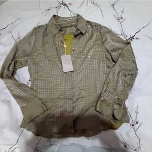 NWT Lasserre Elegant Gold/ olive green  Button-Up Blouse SZ UK 12